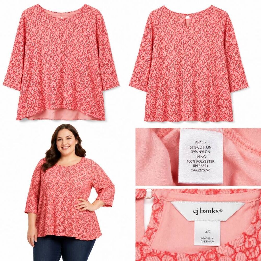 CJ Banks 3x Pink Lace Floral Blouse Keyhole Back